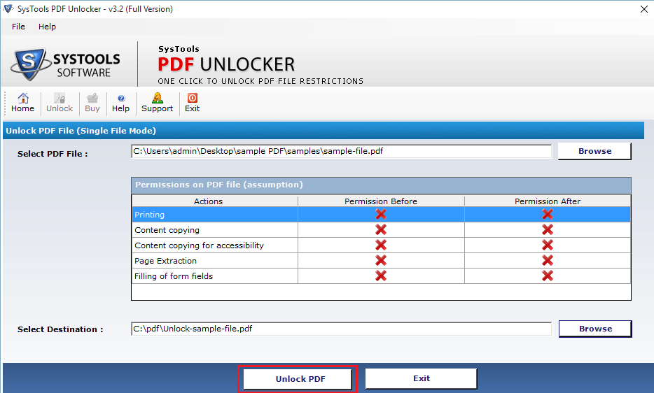 Click Unlock to Remove PDF Restriction 